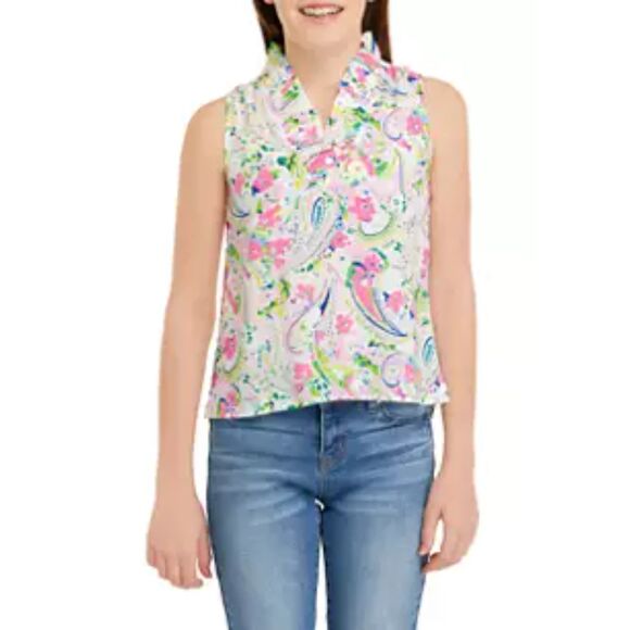 Crown & Ivy Lime Green & Pink Floral Ruffled Top Sleveless Small V-Neck‎ Cottage - Picture 1 of 5